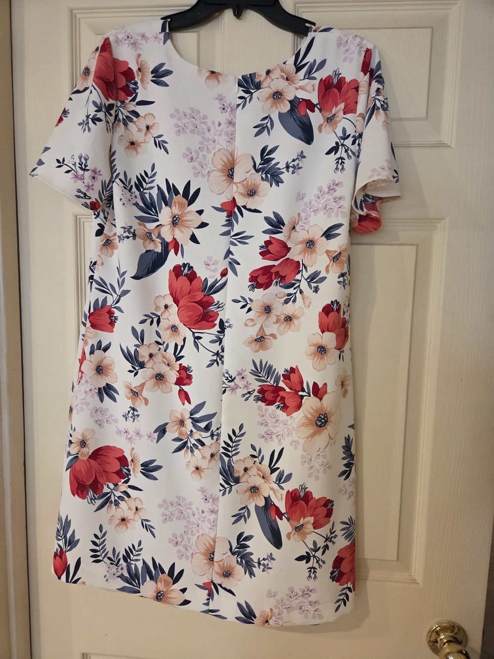 Floral Shift Dress in White with Red & Peach Blooms
